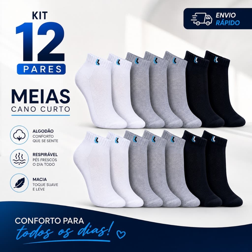Kit 12 Pares Meias Feminina - Masculina Cano Baixo 100% Algodão