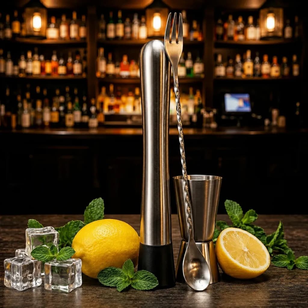 Kit Bartender Profissional 3 Peças em Aço Inox: Socador, Colher Bailarina e Dosador – Envio Imediato