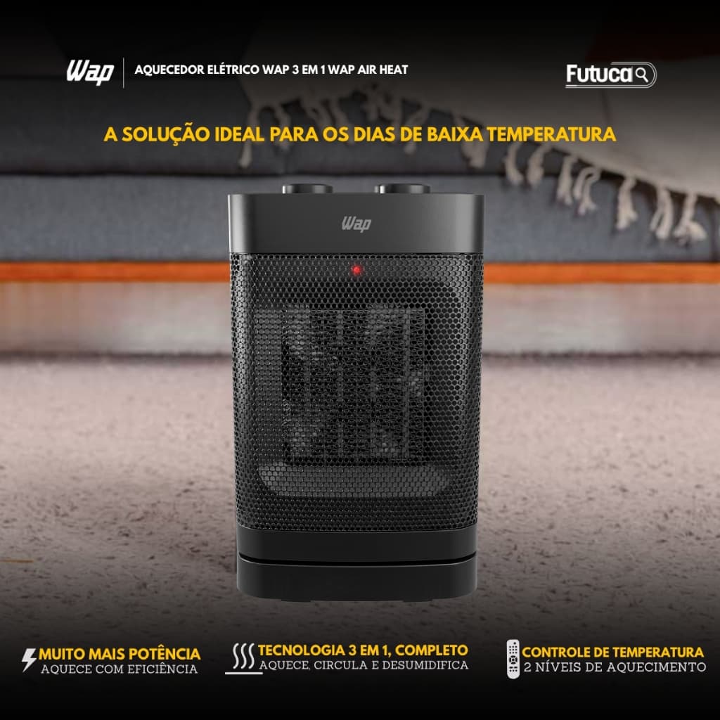 Aquecedor WAP Portátil Air Heat Ceramic 3 em 1 1500W Oscilante Aquece Circula e Desumidifica o Ar