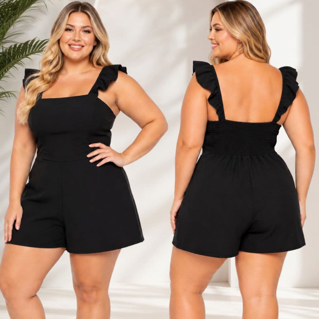 Macaquinho Plus Size Feminino Curto Alça Babado Lastex nas Costas veste do 48 ao 54. Macaquinho Casual Moderno Elegante.