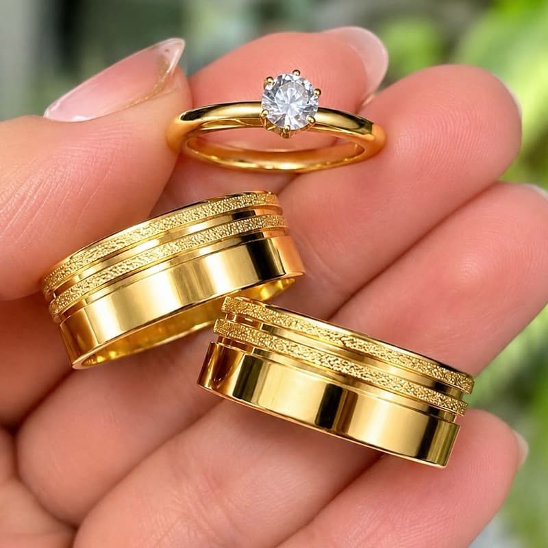 Aliança faixa em cima dupla jateada Anel 100% em Moeda Antiga 4MM Casamento Noivado Cor de Ouro 18k