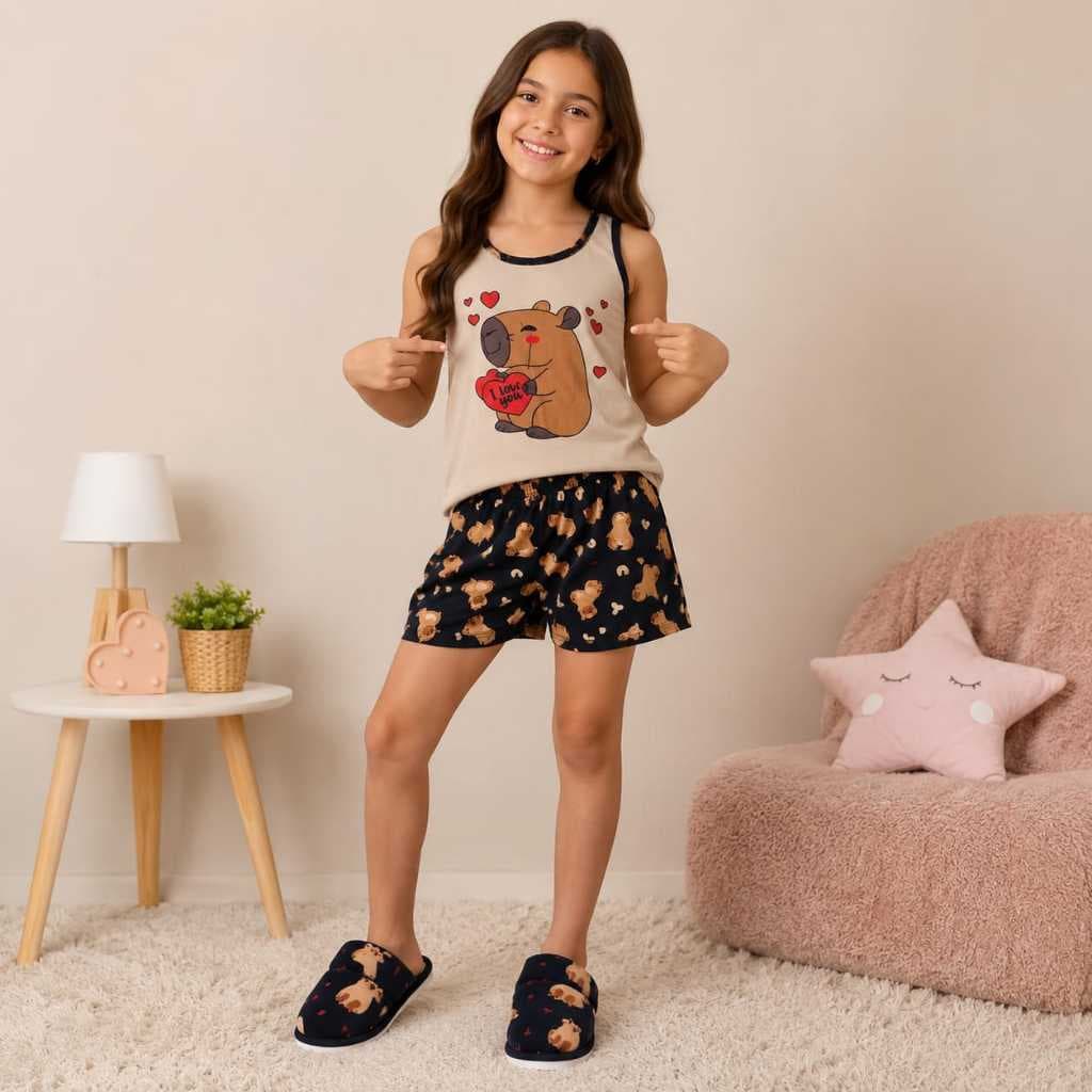 kit pantufa + 1 pijama capivara infantil e juvenil regata roupa de dormir short doll chinelinho de quarto