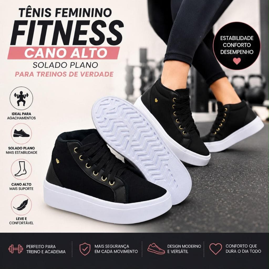 Tênis Feminino Fitness Cano Alto Solado Plano Botinha Academia Treino Agachamento Confortável
