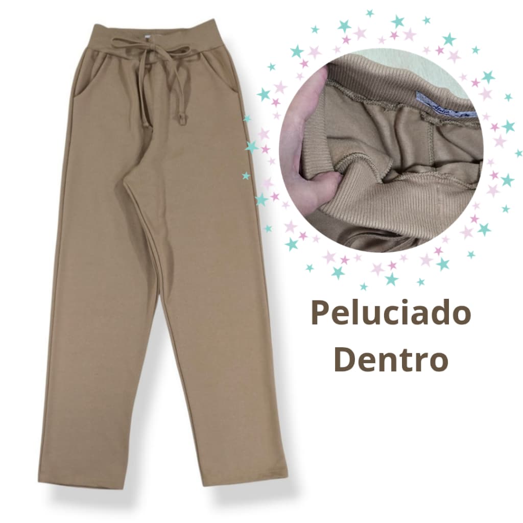 Calça Moletom Peluciado Flanelado Dentro Bolso Wide Leg Soltinha Confortável Moda Feminina Aerolook
