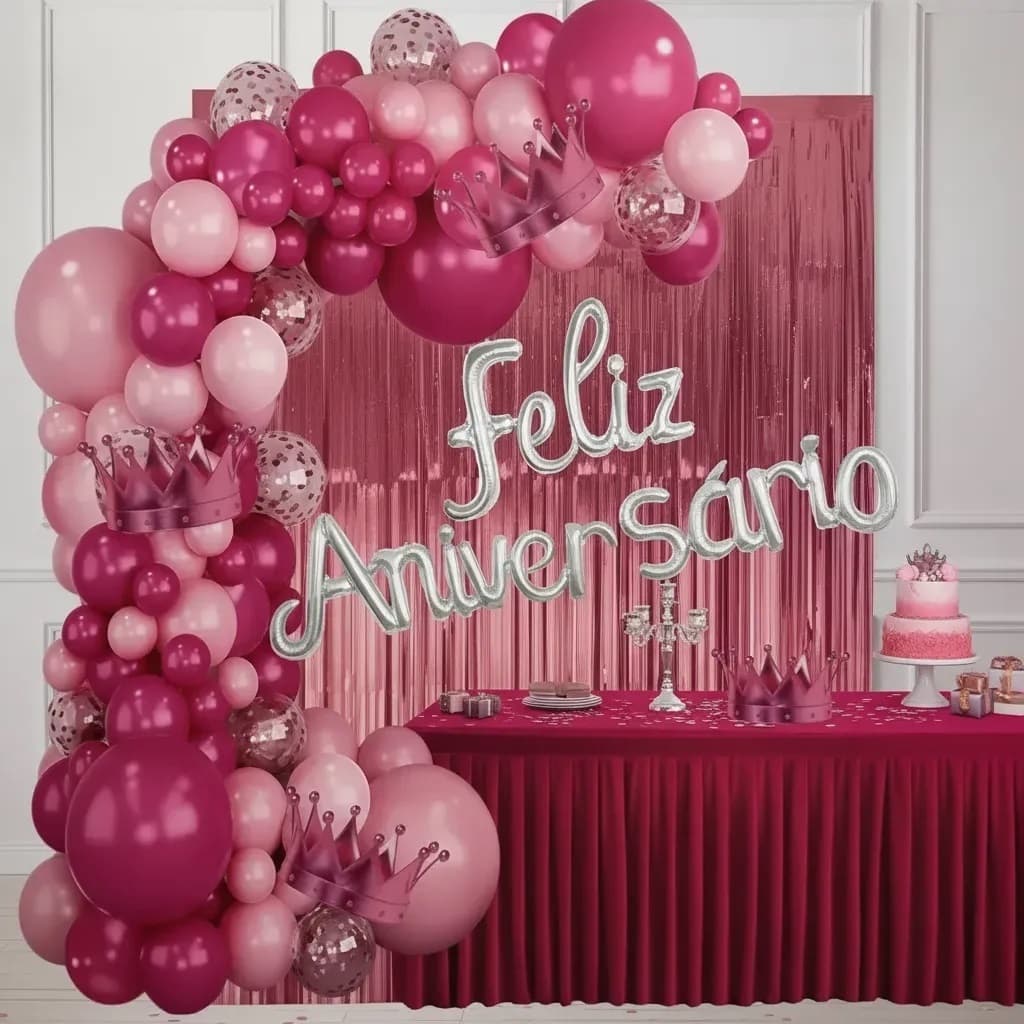 Kit 117 Pcs Balão Feliz Aniversario Cortinas Bexigas - Pink
