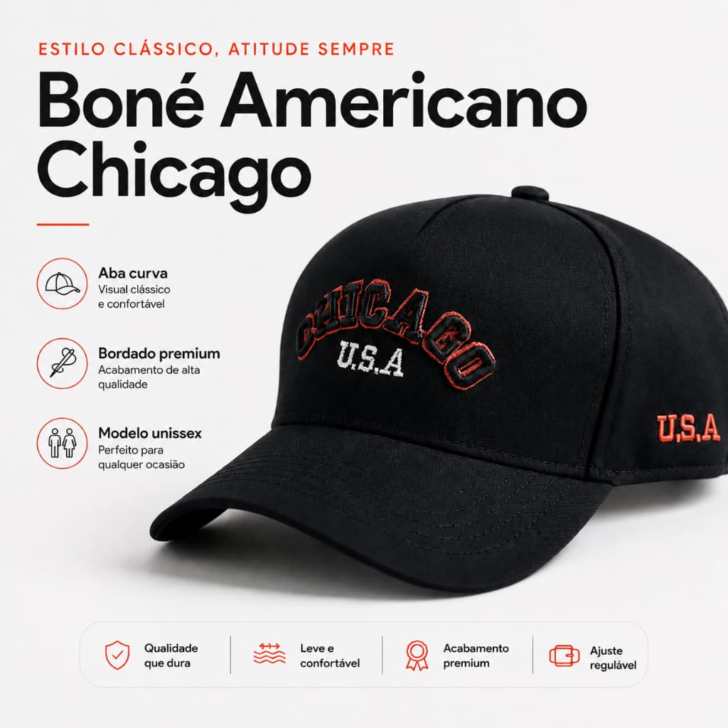 Boné Chicago Americano Aba Curva Bordado Alta Definição Masculino SNAPBACK