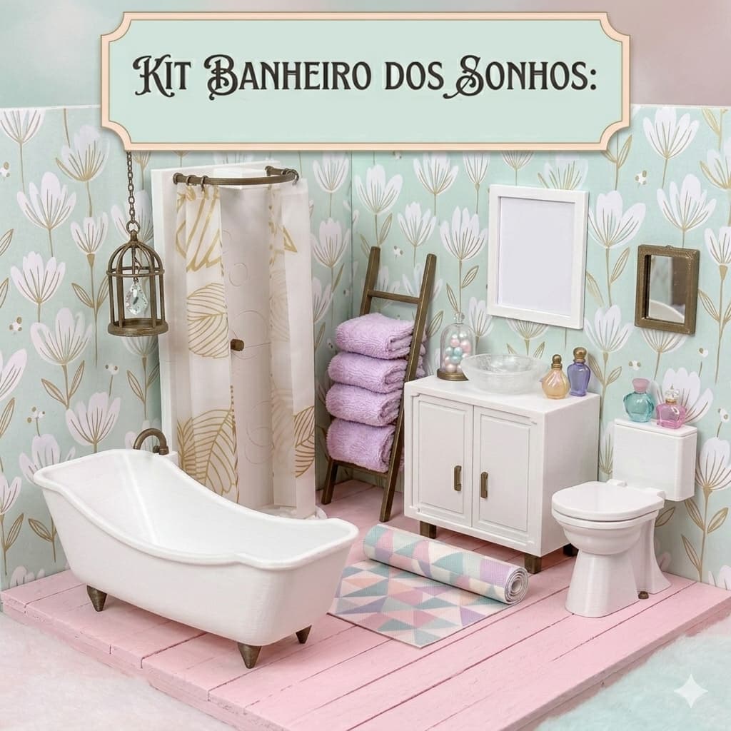 Banheiro Completo, Para Bonecas Barbie, Luxo com detalhes Pintados a Mão, Kit com 4 miniaturas