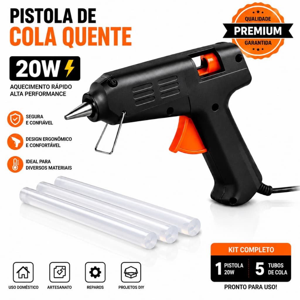 Kit Pistola Cola Quente 20w + 5/12/20 Bastões Cola Branca Bivolt Preto 127/220v
