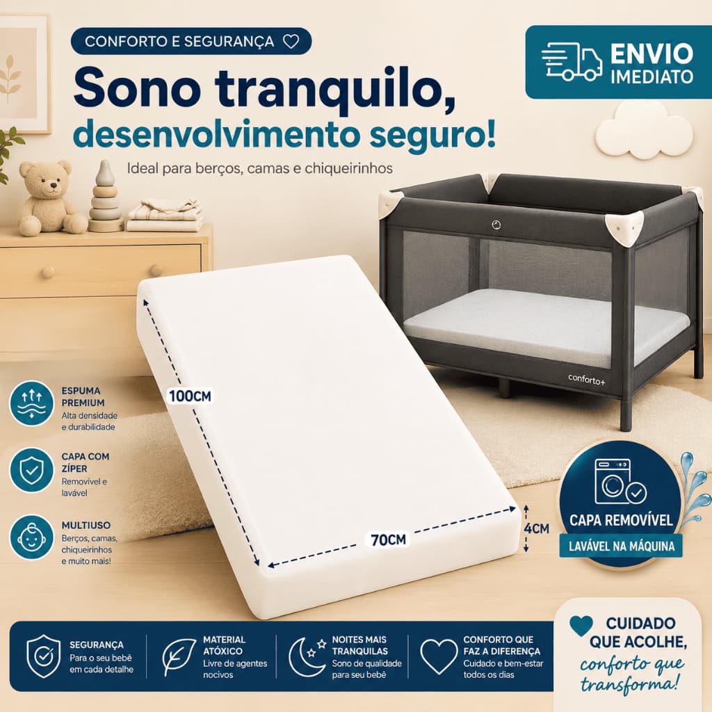 Colchonete para Berço Bebê Espuma D18 100x70cm Dobrável Portátil Capa Removível Lavável