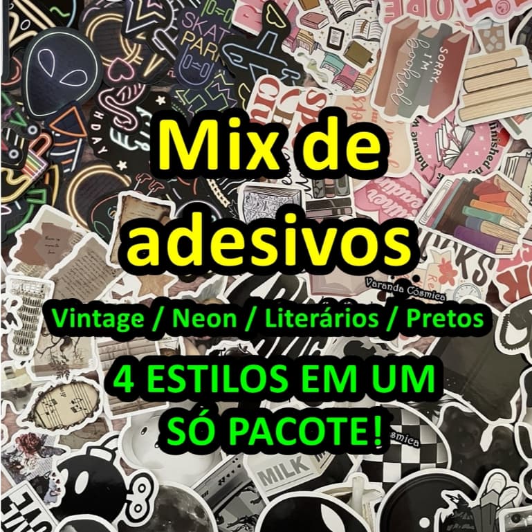 Mix de adesivos VINTAGE / LITERÁRIOS / NEON / PRETOS - Journal Scrapbook Colagens 40 peças