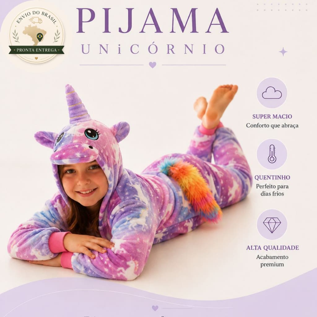 Pijama Infantil Unicórnio Menina Macacão Rosa com Punho