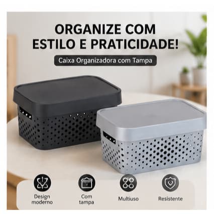 Kit Caixa Cesto Organizadora com Tampa Preta ou Prata  Organizador Multiuso Lavável 4,5 Litros