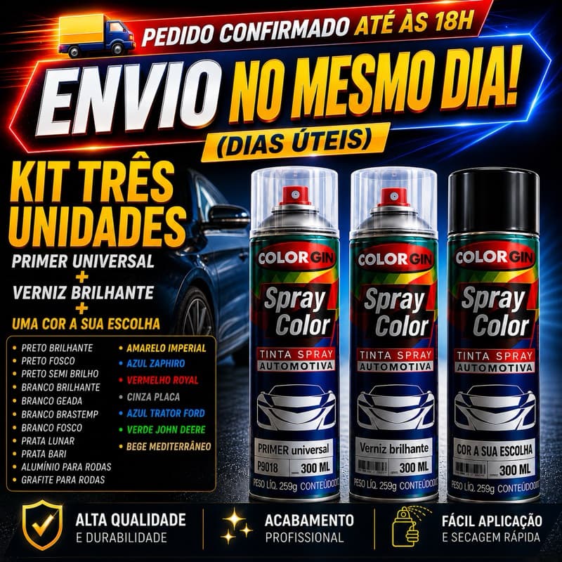 Kit tinta spray 1 Cor a sua escolha(Preto ou branco ou colorido) 1 Verniz brilhante 1 Primer Colorgin Automotivo 300ML