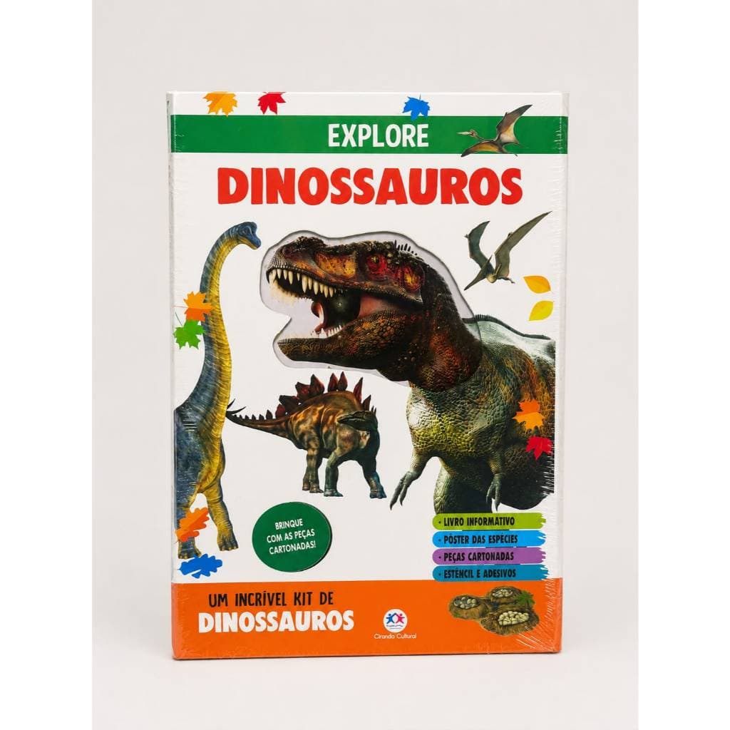 Kit Dinossauros Infantil Educativo Com Livro Informativo Peças Cartonadas Adesivos e Estêncil