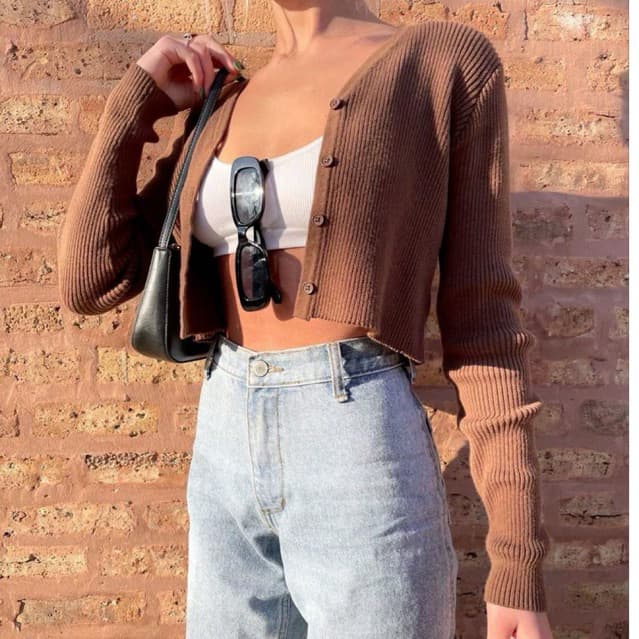 Cardigan Cropped Canelado Tricot Casaquinho Blusa Feminina Botão aberta elegante