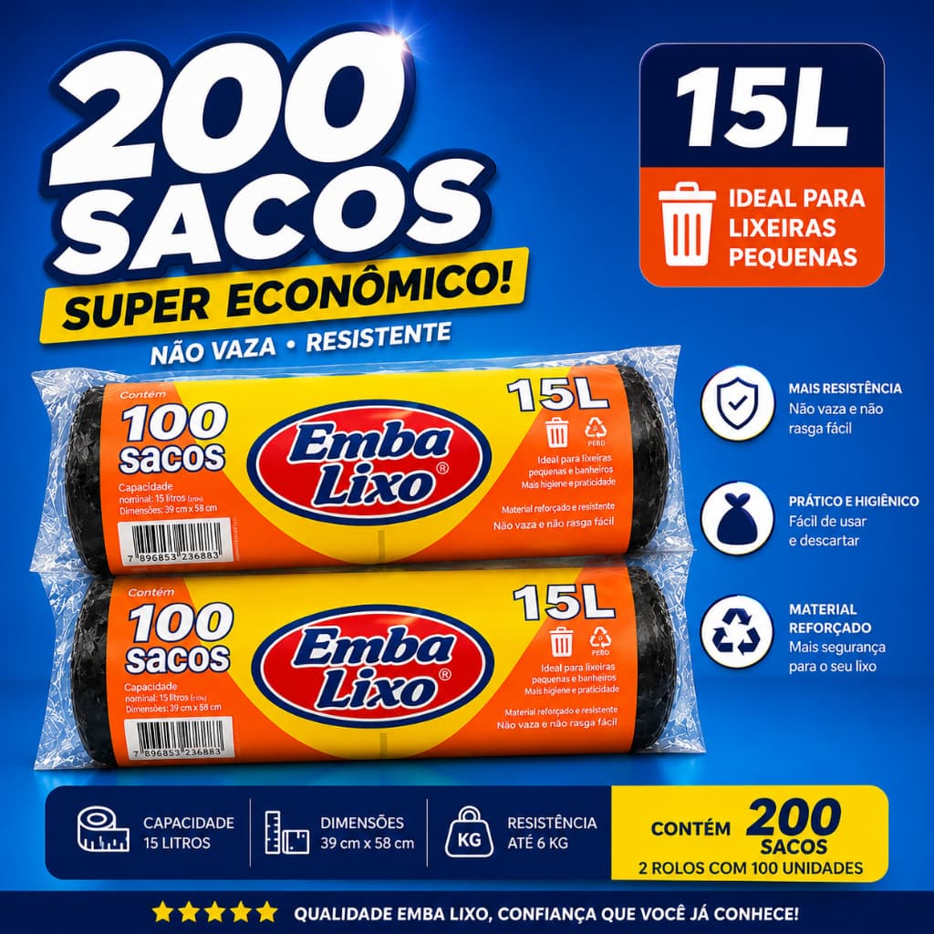 Saco De Lixo Preto 15L 200 Unidades Resistente Super Economico Fino Funcional Leve Dia Dia Lixeiras Pequenas Kit 2