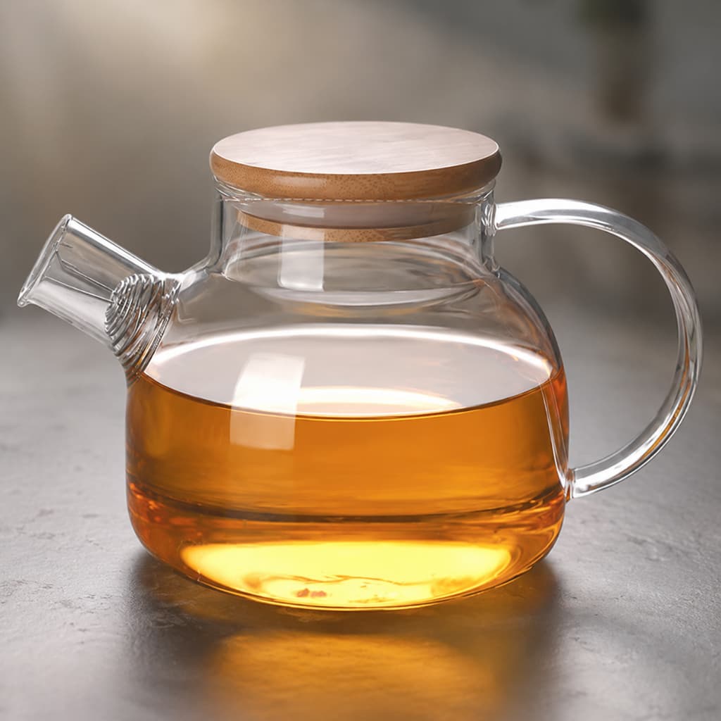 Chaleira Bule De Chá Vidro Borissilicato Tampa Bambu Com Coador Bico 900mL
