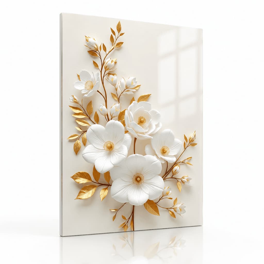 Quadro Decorativo Floral Branco com Folhas Douradas Para Sala Quarto Casal Luxo Premium MDF