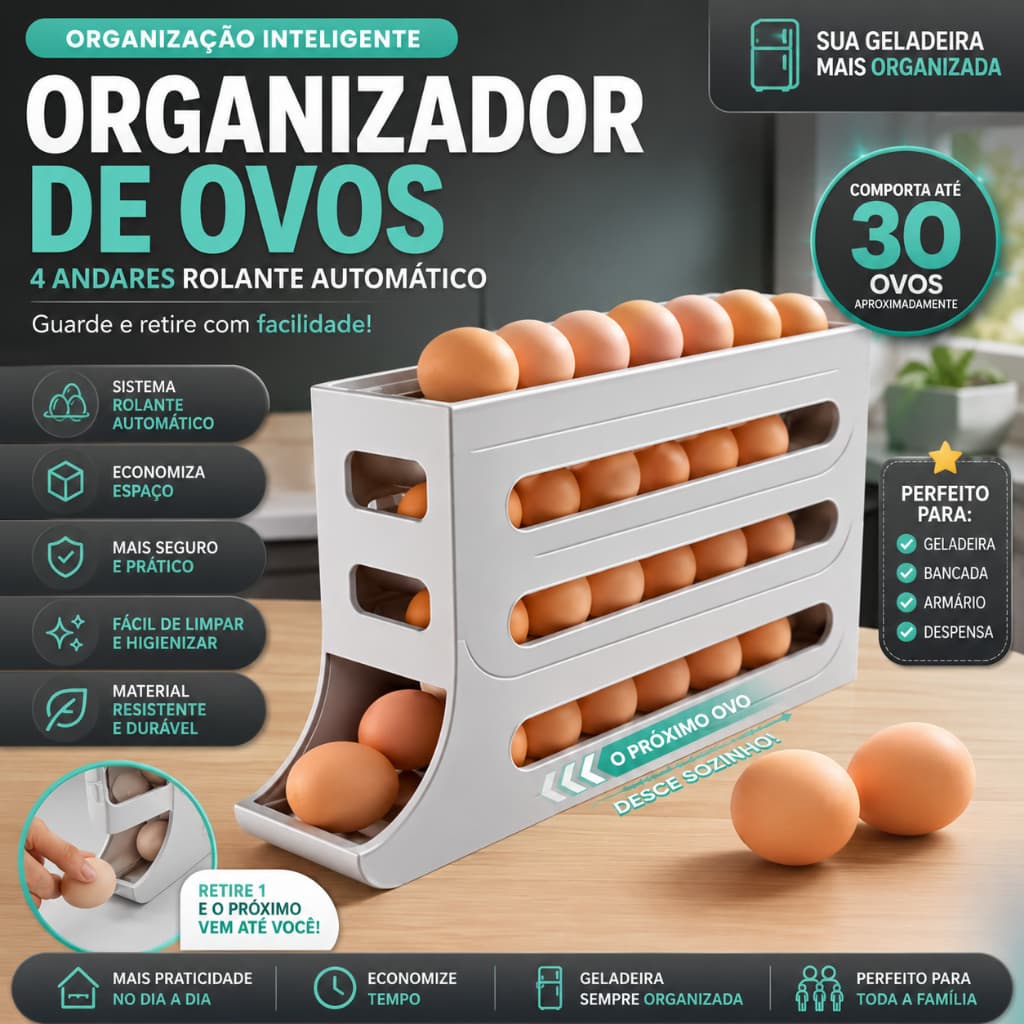 Porta Ovos 4 Andares Rolante Automático Organizador de Geladeira 20 a 30 Ovos - CH