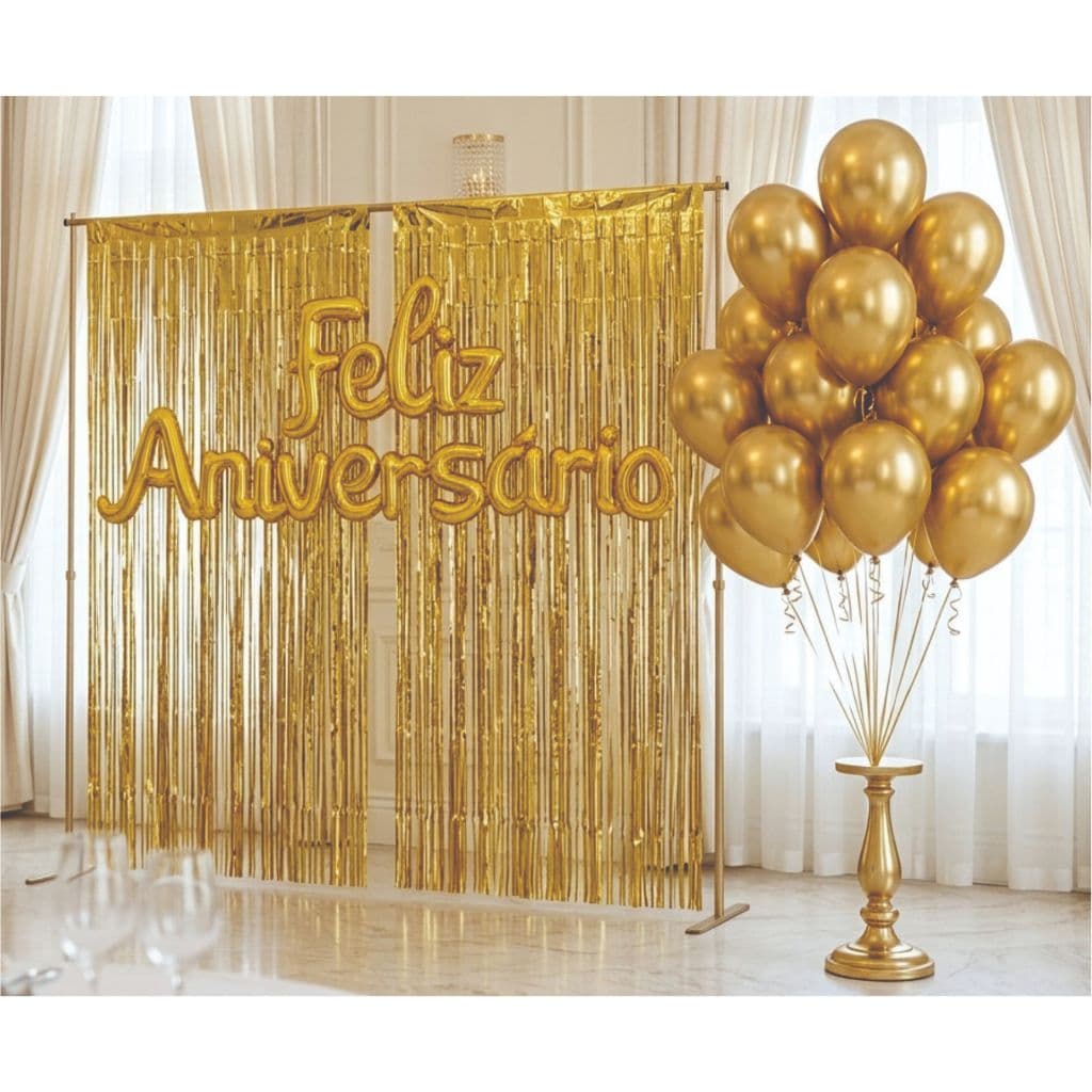 Kit Balão Feliz Aniversário Decoração Festa Faixa Feliz Aniversário + 2 Cortinas + 15 balões