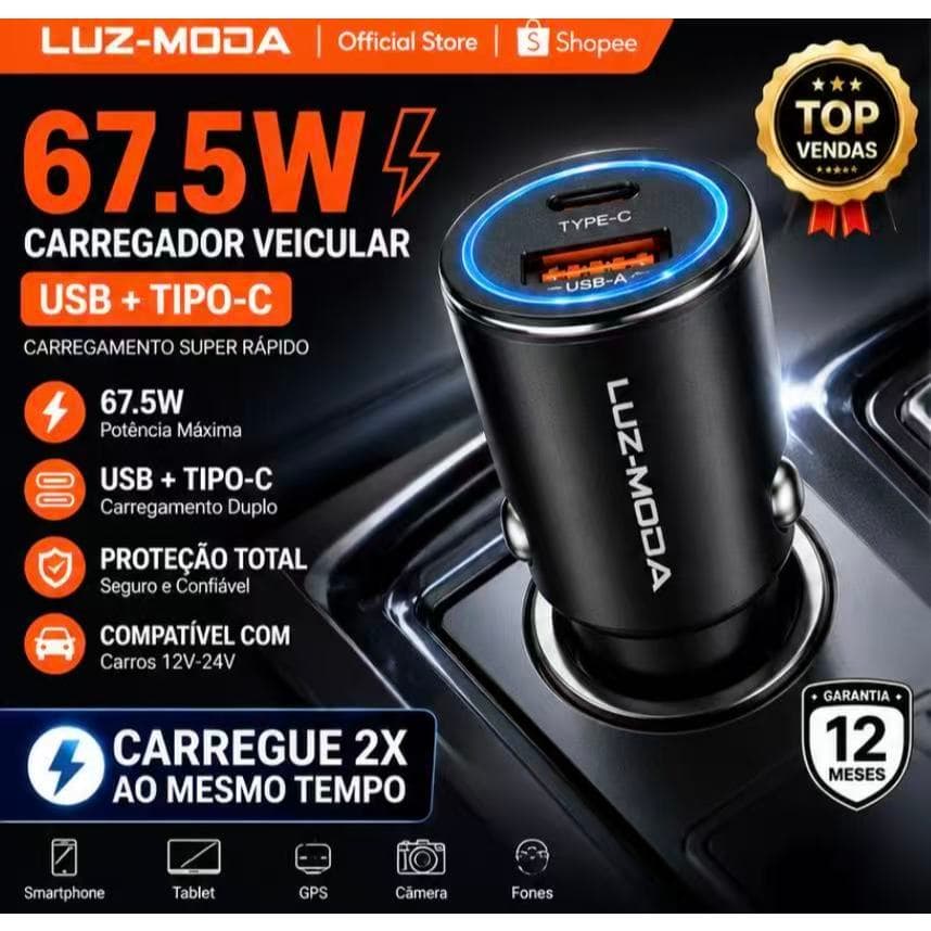 Carregador Veicular 67.5W Turbo Luz-Moda USB+C Super Rápido Carrega 2 Aparelhos Simultaneamente