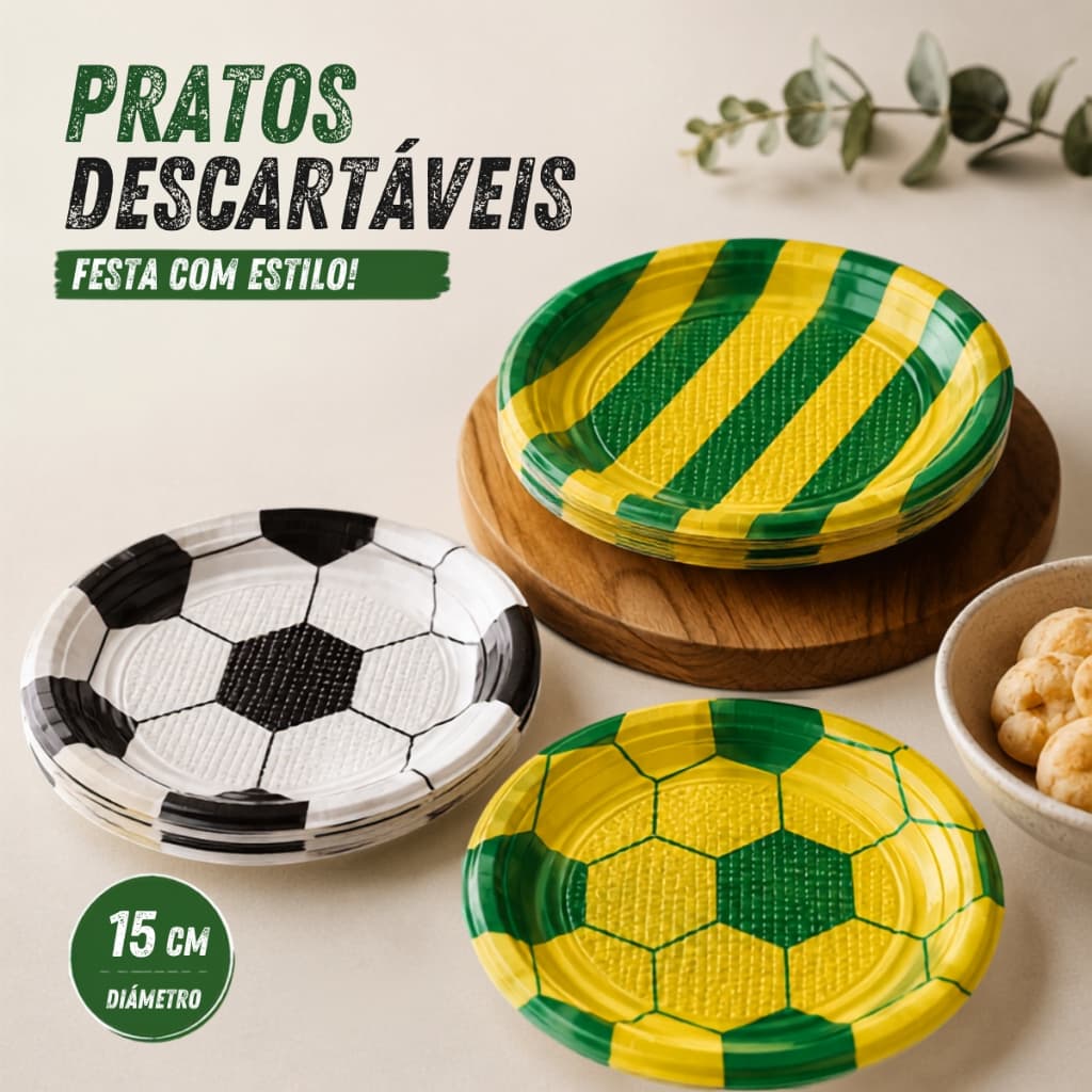 Prato Descartável 15cm Brasil Verde Amarelo Bola De Futebol Jogo Pratinho Sortido Festa Bolo