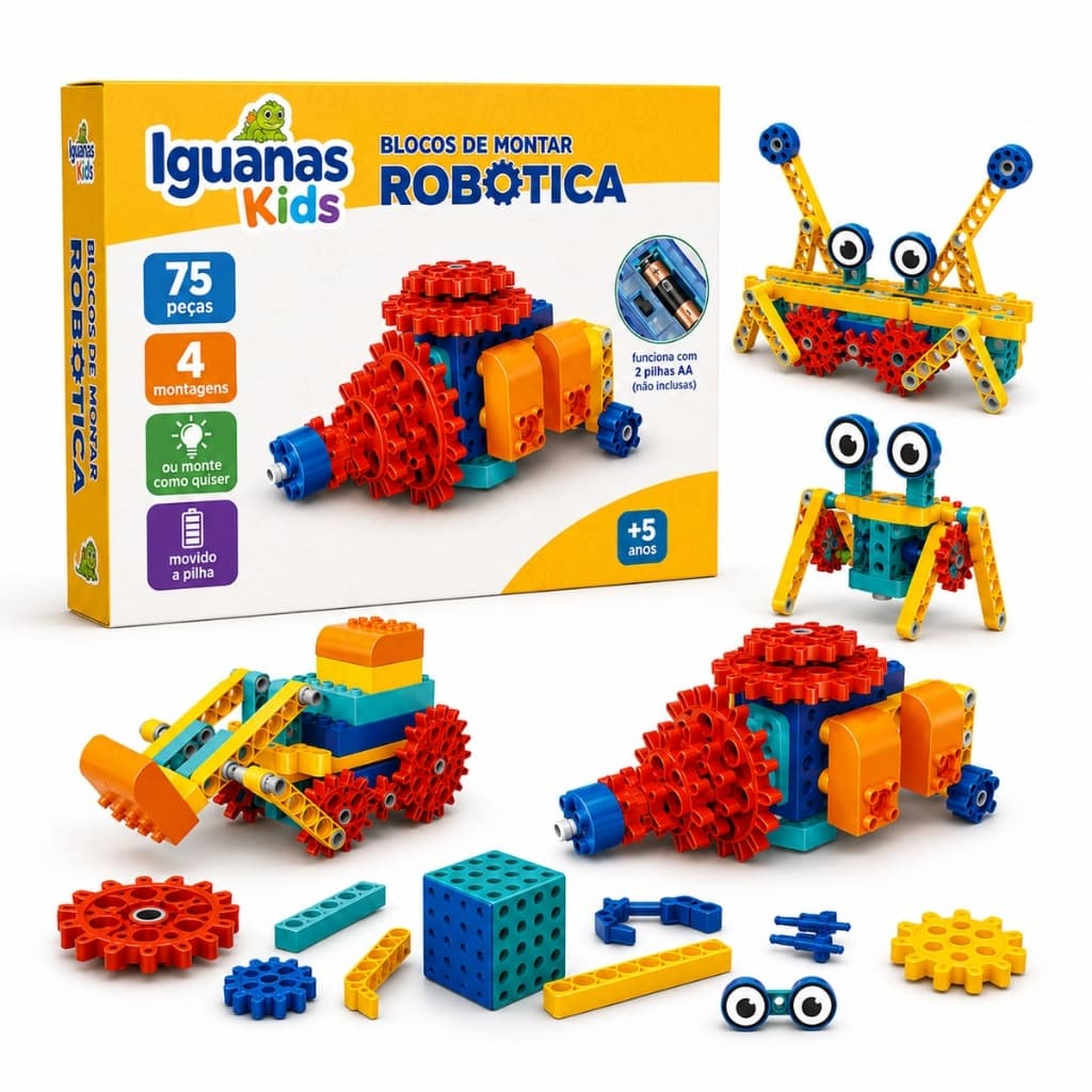 Blocos De Montar Robótica Infantil 75 Peças Tipo Encaixe Educativo Movido A Pilha Iguanas Kids