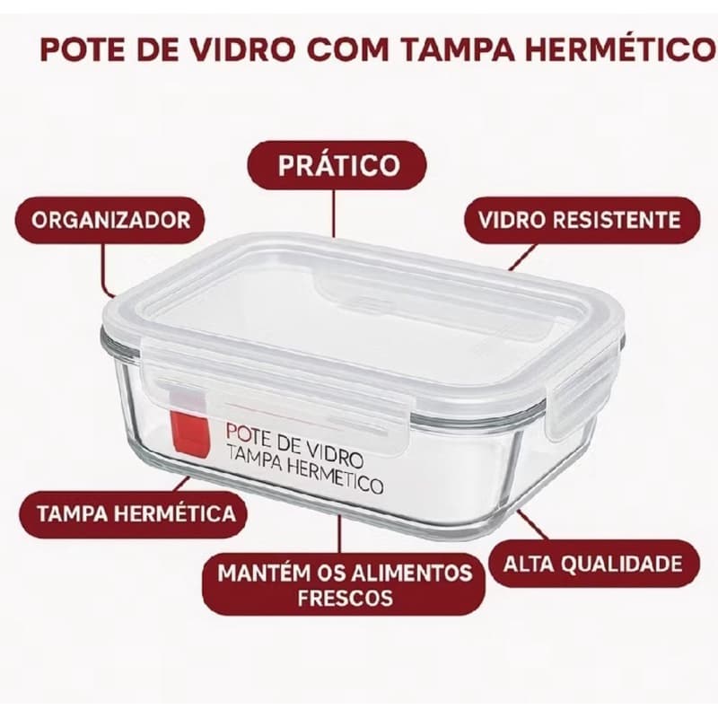 Pote Hermético de Vidro 640ml Premium | Tampa Trava Fácil Antivazamento | Organizador para Geladeira e Marmitas