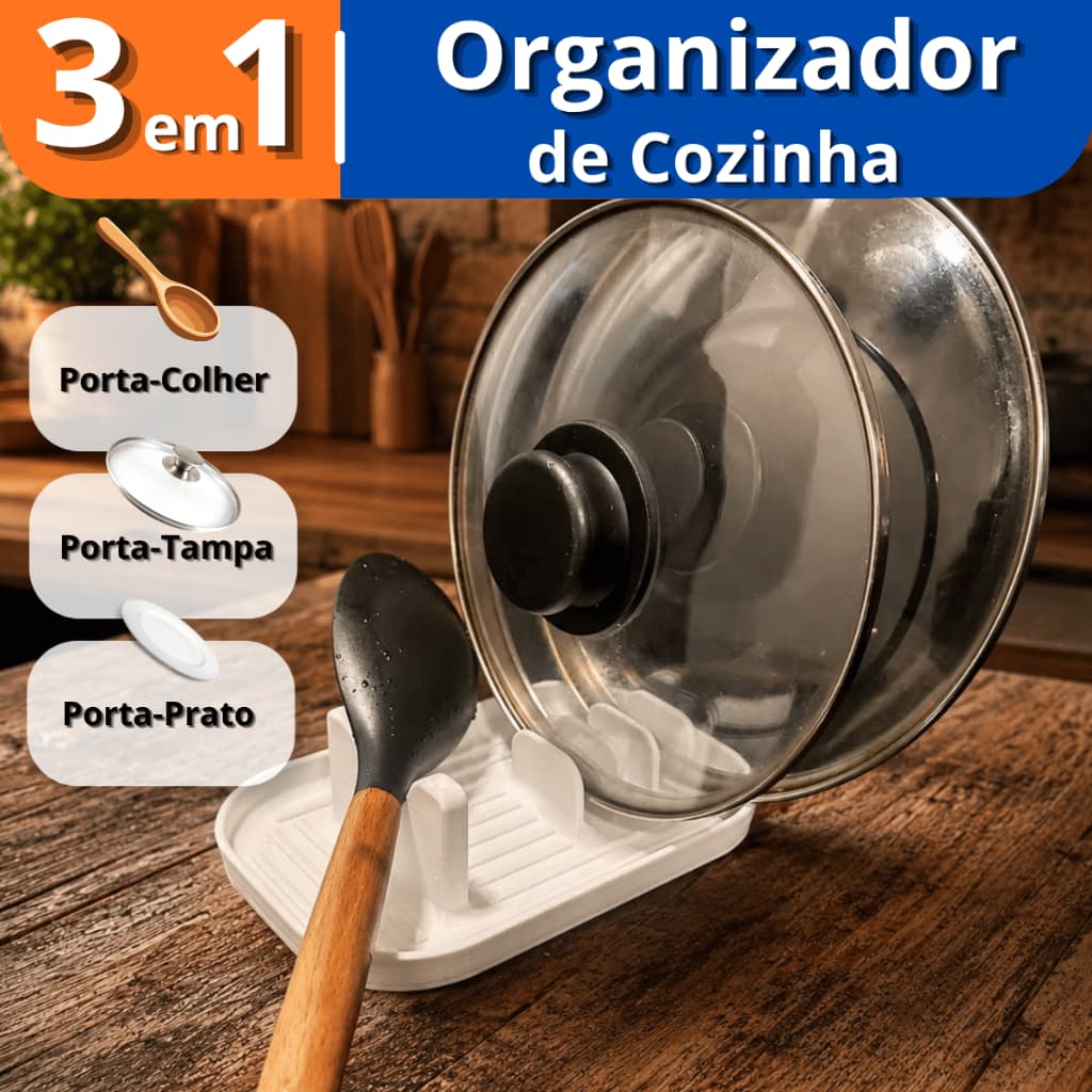 Porta Tampa de Panelas e Colher 3em1 Organizador Cozinha Suporte Multifuncional Branco Preto