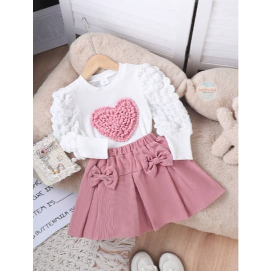 Conjunto Infantil Menina Blusa Manga Longa Coração Rosa e Saia com Laços Roupa Festa Elegante 2-3 anos