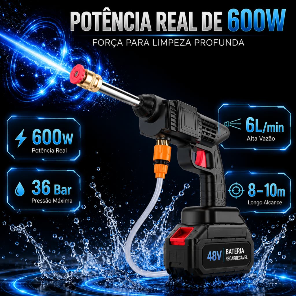 Lavadora de Alta Pressão Bivolt Portátil Profissional Sem Fio Recarregável Carros e Jardins Pistola Lavajato Residêncial