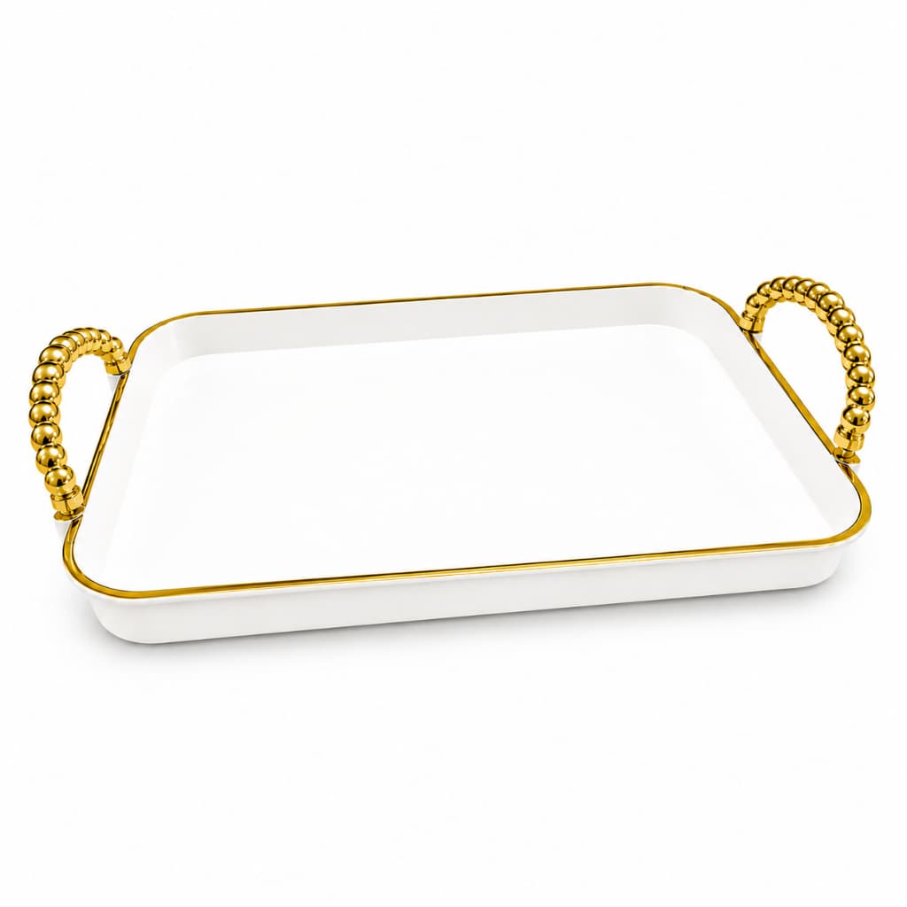 Bandeja Decorativa Retangular Alça Perolada Borda Dourada Multiuso para Café Lavabo Mesa e Decoração