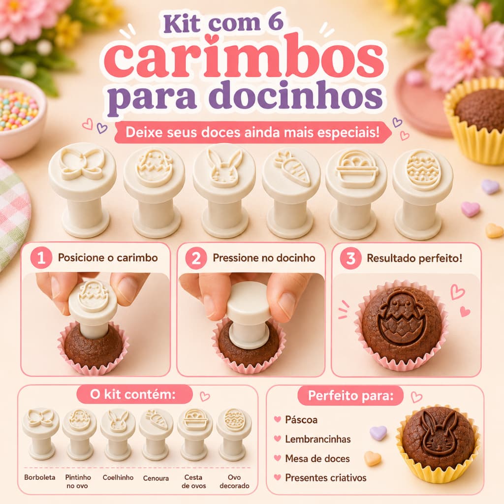 Kit 6 Carimbos Para Docinhos Páscoa Brigadeiro Ovo Coelho Cenoura Festa