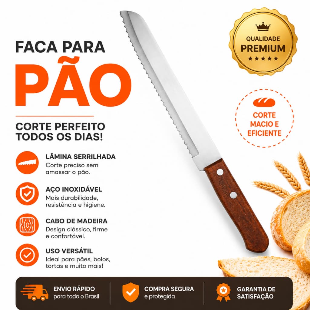 Faca De Pão Profissional 8 Polegadas Aço Inox Com Serra Cabo De Madeira Ergonômico Corte Preciso E Durável