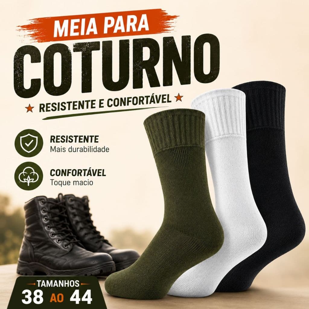 Meia Militar Cano Longo para Coturno e Bota | Reforçada para Trabalho | Kit 1, 3 ou 6 Pares