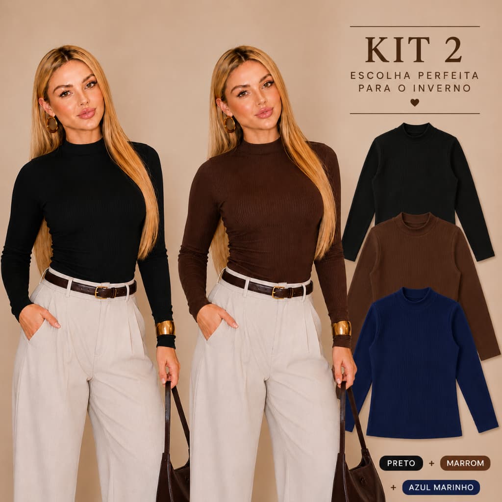 Kit 2 Blusas Térmicas Femininas Peluciadas Gola Alta Segunda Pele Cacharrel Inverno Canelada