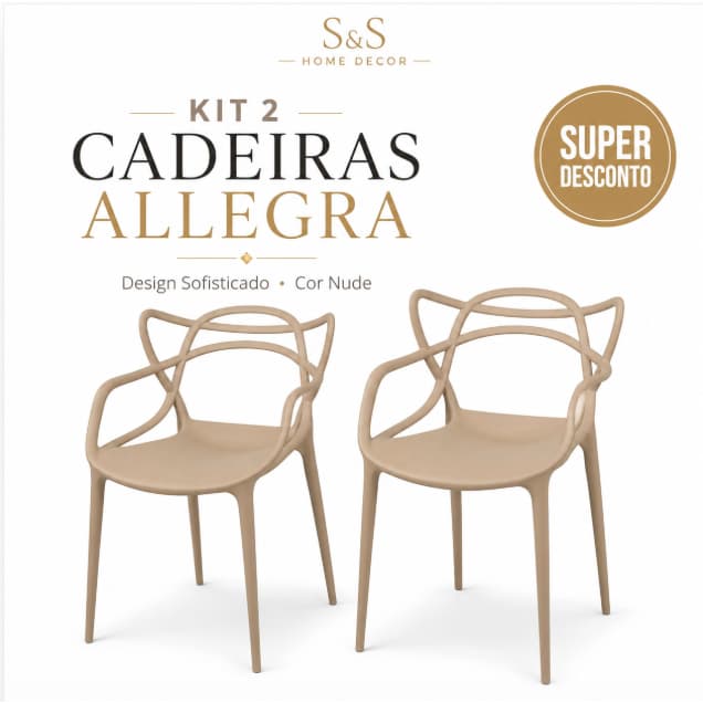 IMPERDÍVEL - Kit 2 Cadeiras Nude ou Preta Allegra Moderna Sala de Jantar Cozinha Escritório