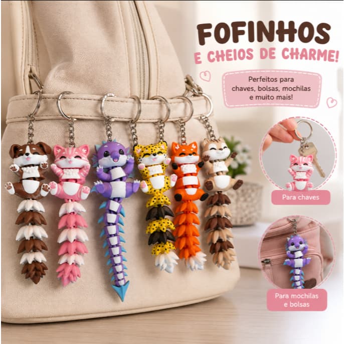Chaveiro Animais Fofinhos Articulado Kawaii Flexível Sensorial Animais - Gato, Cachorro, Raposa e mais | Kit ou Unitário