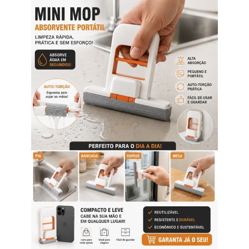 Mini Mop Absorvente Portátil para Pia e Bancada – Rodo Esponja de Limpeza Rápida com Auto-Torção