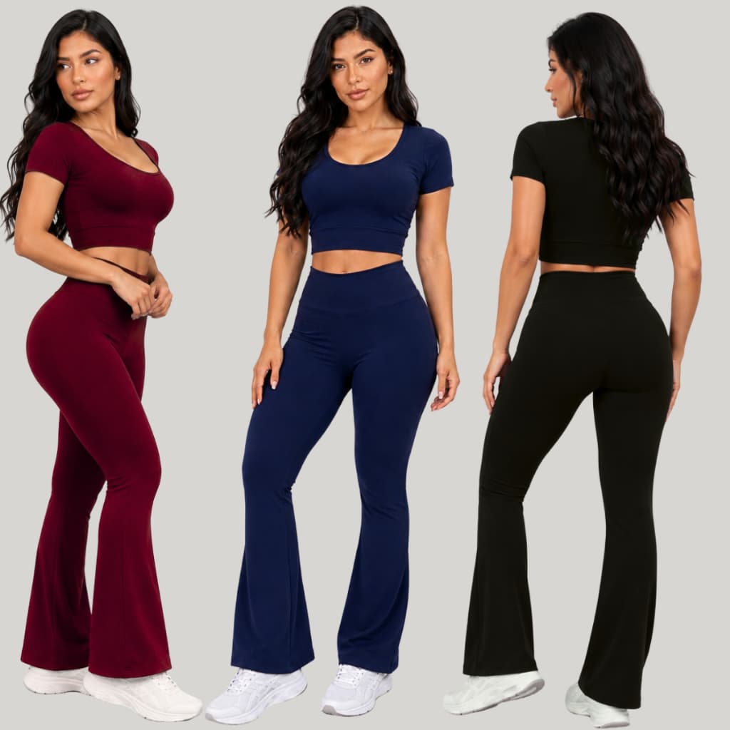 Conjunto Feminino Fitness Top Manga Curta e Calça Legging Flare Bailarina Roupa de Academia Treino