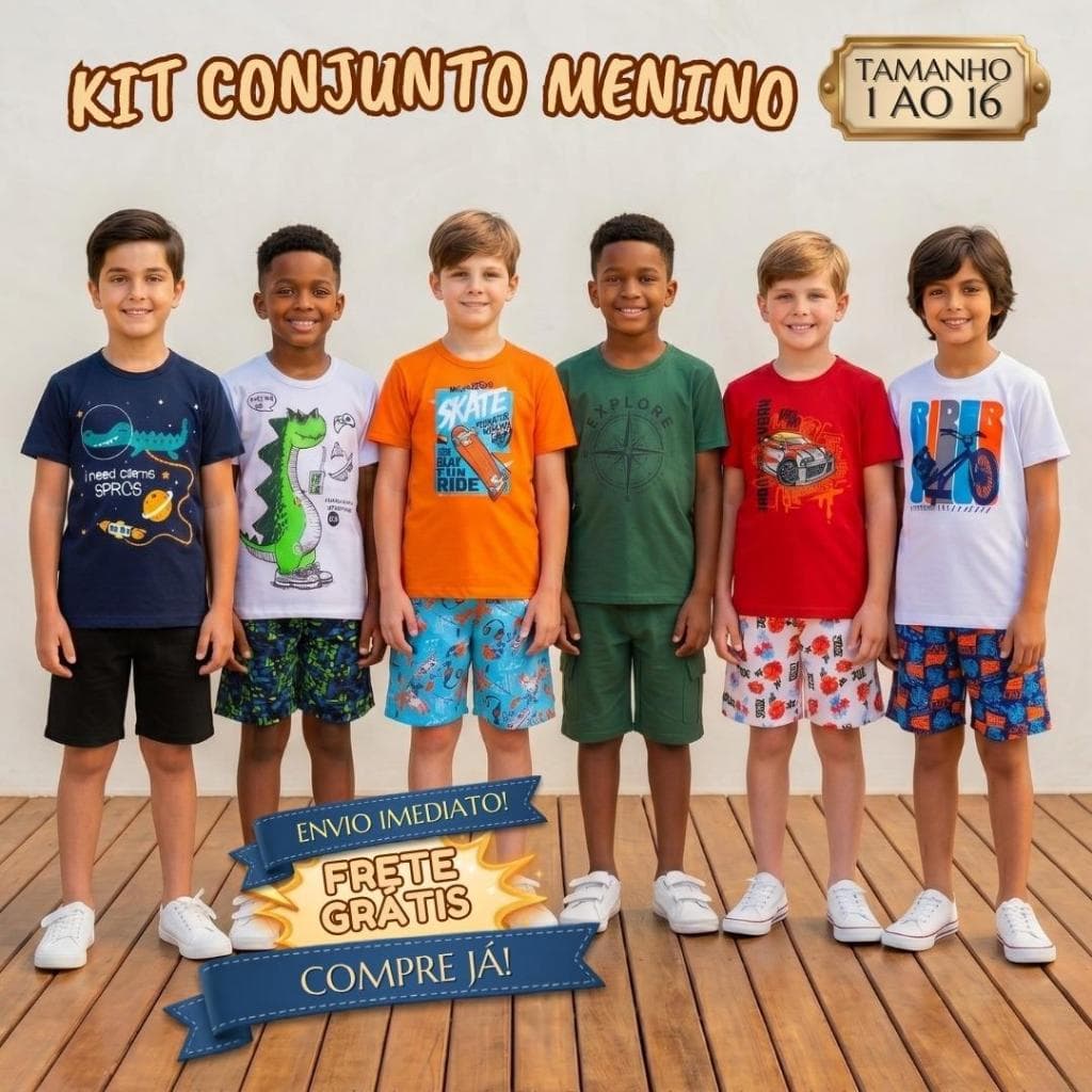 Kit 4 Peças Roupa Infantil Menino Verão 2 Camiseta e Regata 2 Bermuda Lisa Conjunto Masculino Calor Algodão 1 ao 16