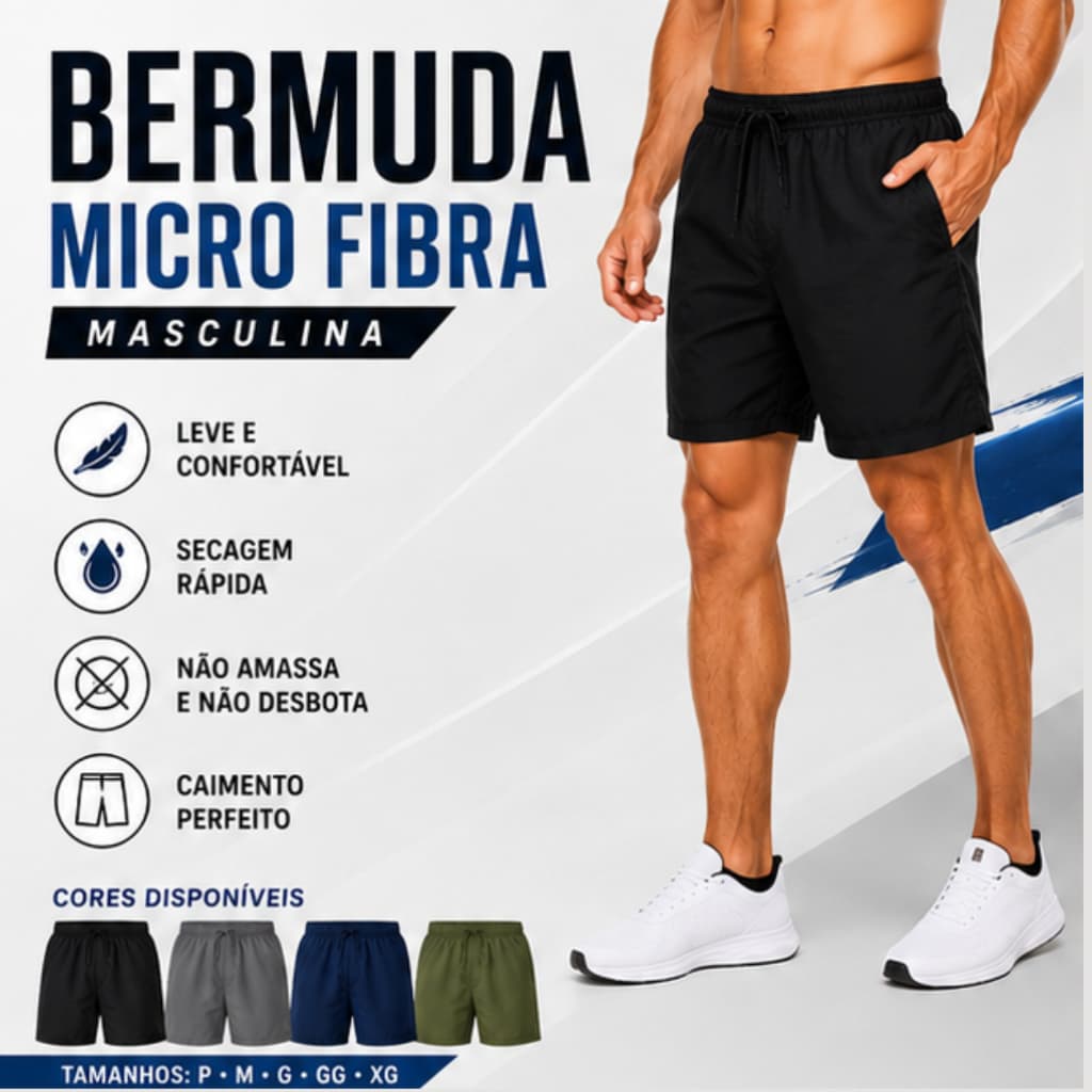 Bermuda Masculina Microfibra 100% Poliéster Leve Secagem Rápida Com Bolsos Academia Praia Dia a Dia