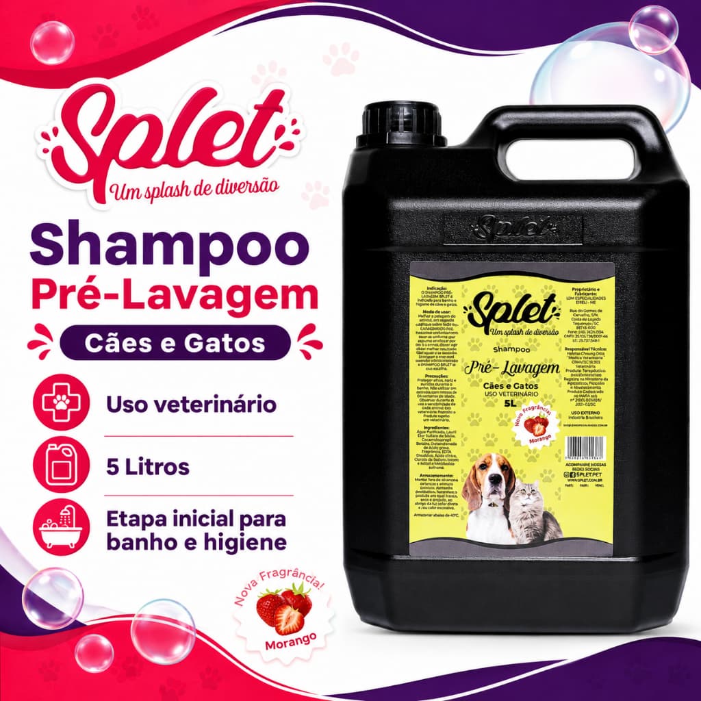 SHAMPOO PET PRÉ LAVAGEM CÃES E GATOS MORANGO SPLET  5L BANHO E TOSA E PET SHOP - PRONTO USO