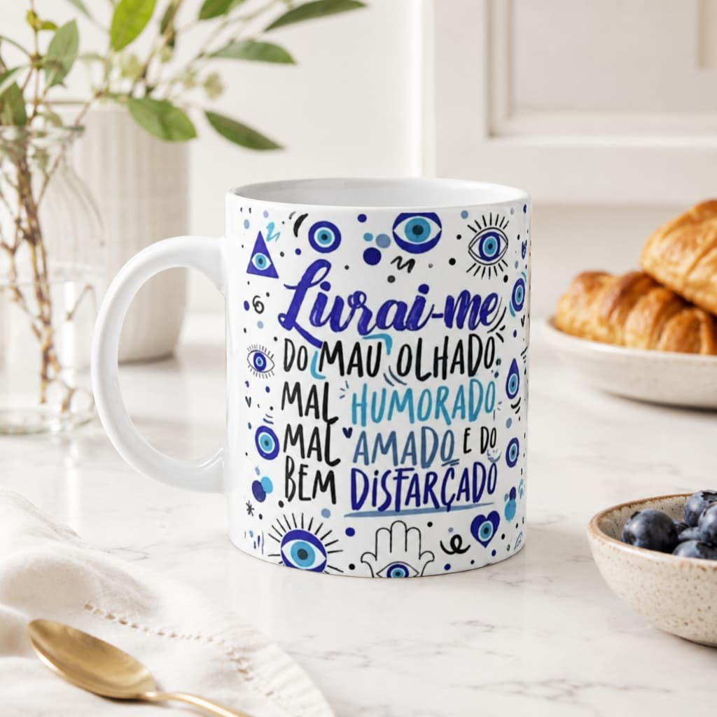 Caneca Porcelana 325ml Azul "Livrai-me Do Mal Olhado" Café - Presentes Alta Qualidade