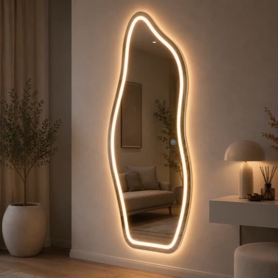Espelho Orgânico LED 120x50cm FLAME Touch 3 Cores Jateado Corpo Inteiro Decorativo
