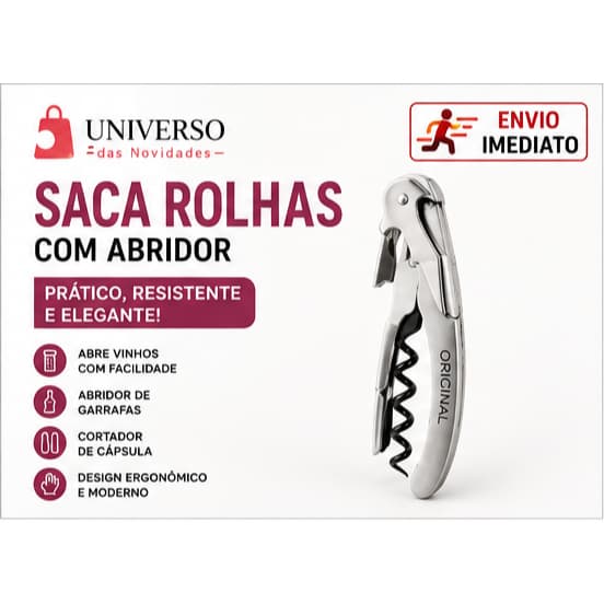 Saca Rolhas 3 Estágios Com Abridor De Garrafa Aço Inox