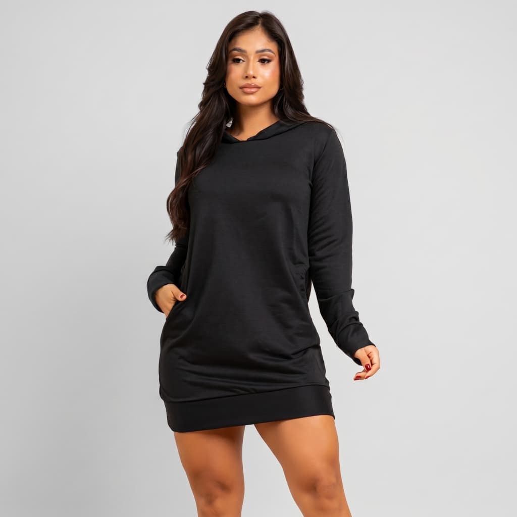 Dinelli Vestido de frio feminino Manga Comprida Com Capuz Bolso Lateral vestido de moletom Preto