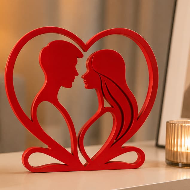 Escultura Casal Apaixonado Decoração Moderna Estatueta Coração Presente Romântico