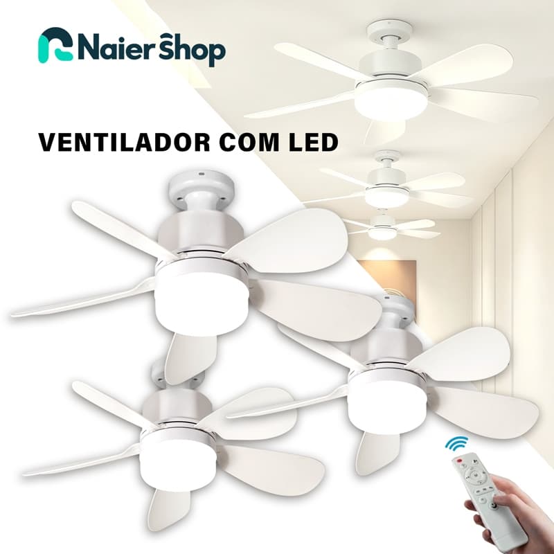 Kit 3 Ventilador de Teto Silencioso com Luz LED E27 Controle Remoto Econômico Fácil de Instalar