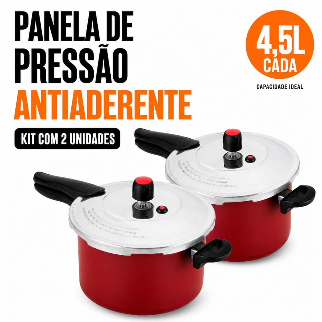 Kit 2 Panela De Pressão Grande 4,5 Litros Antiaderente Teflon Fechamento Externo Premium Vermelha